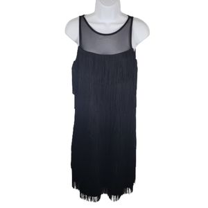 White House Black Market Flapper Fringe Dress Black Sheer Neckline size small